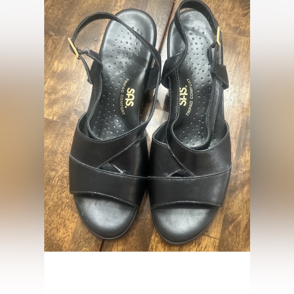 SAS Women's Caress Black Leather Open Toe Low Wedge Heel Slingback Sandals 8S